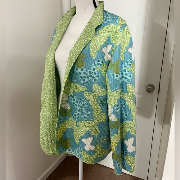 Reversible Light Weight Jacket 2x Butterflies Floral Green White Blue Plus - Picture 1 of 16